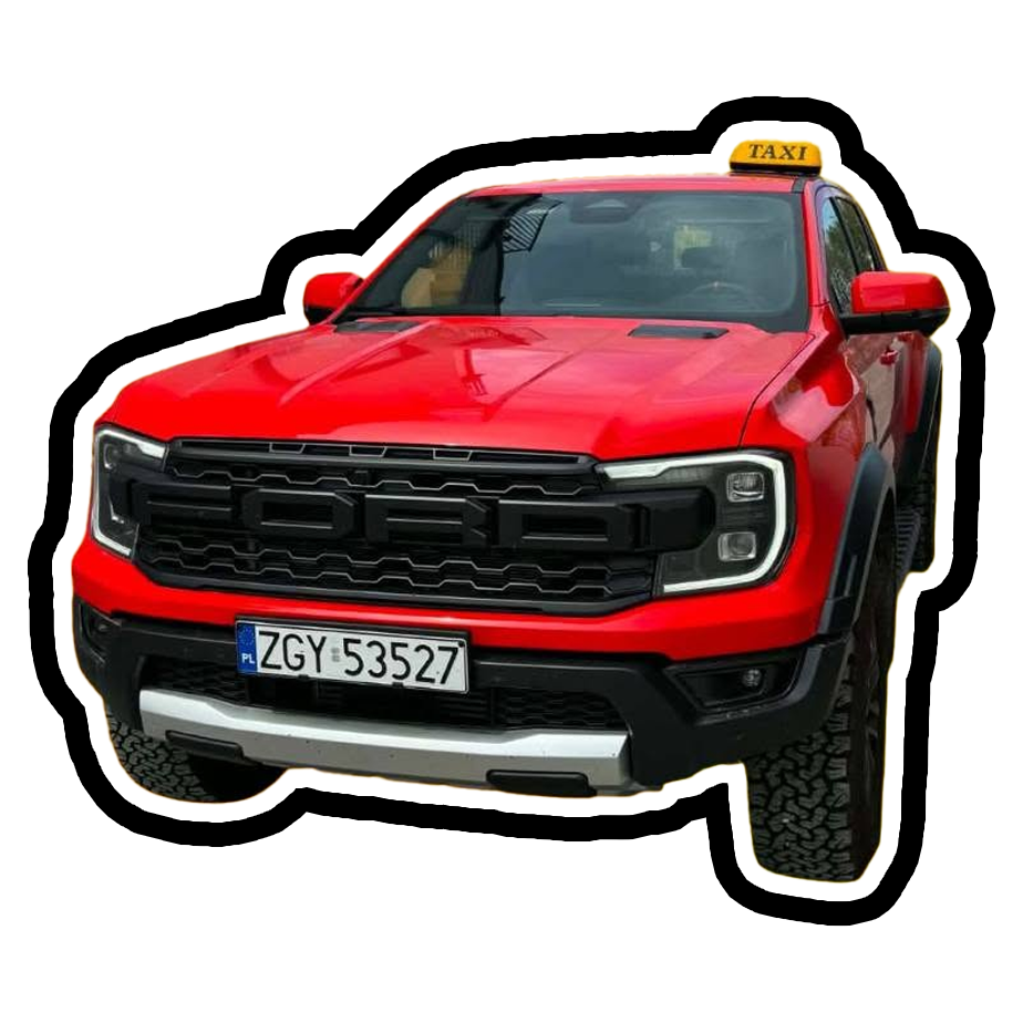 BALTICTAXI — czerwony Ford Ranger Raptor z kogutem TAXI